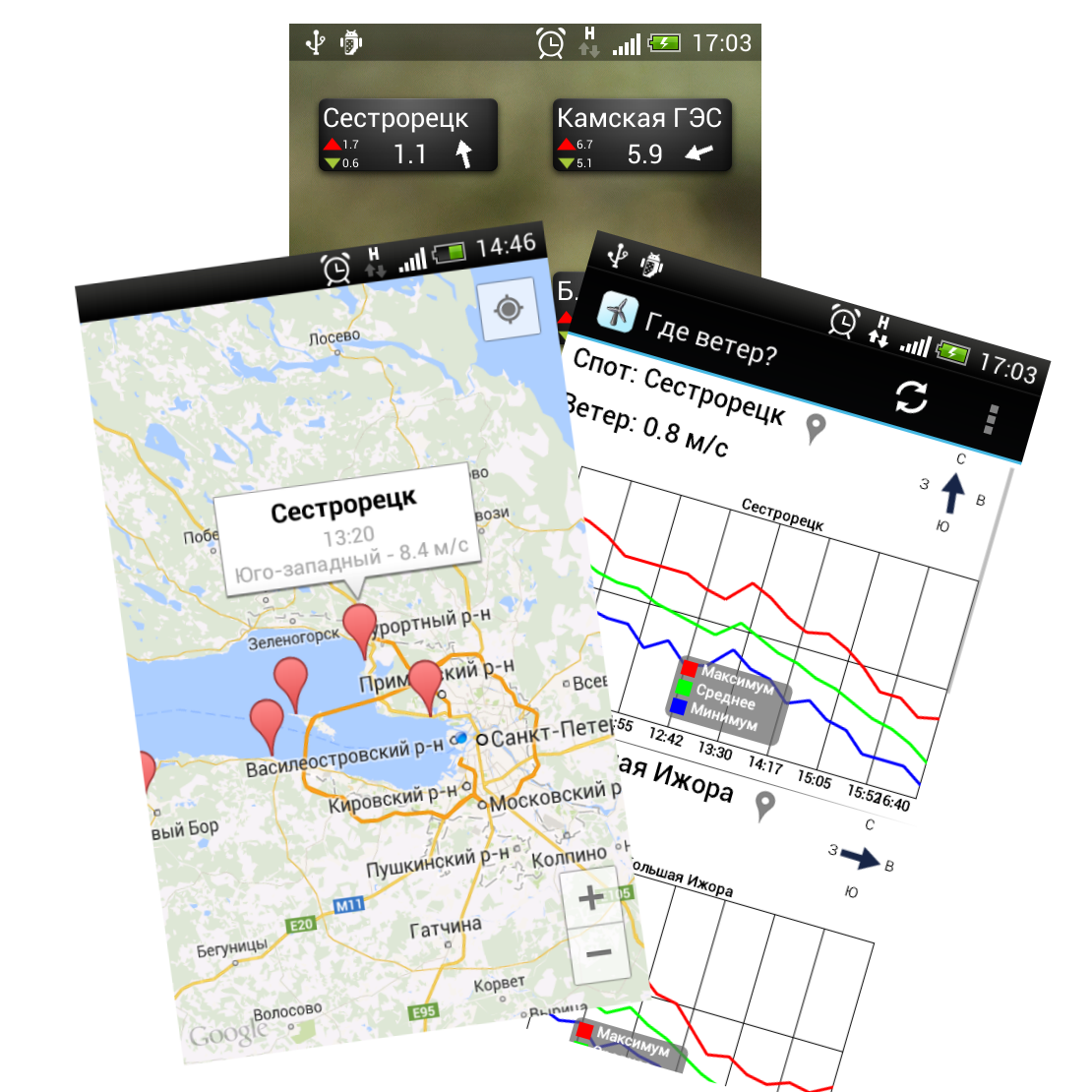 Screens from the Where is the wind Android app